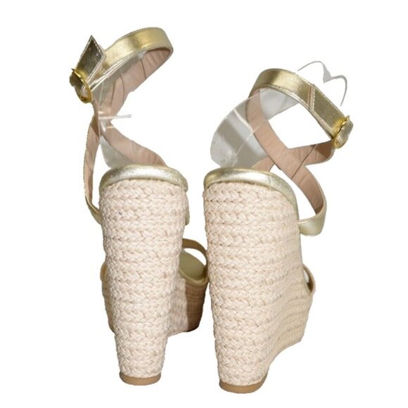 $550 Stuart Weitzman Alex Platform 5.5" Wedge WOVEN RAFFIA GOLD LEATHER 8 (DB12) - Picture 4 of 6